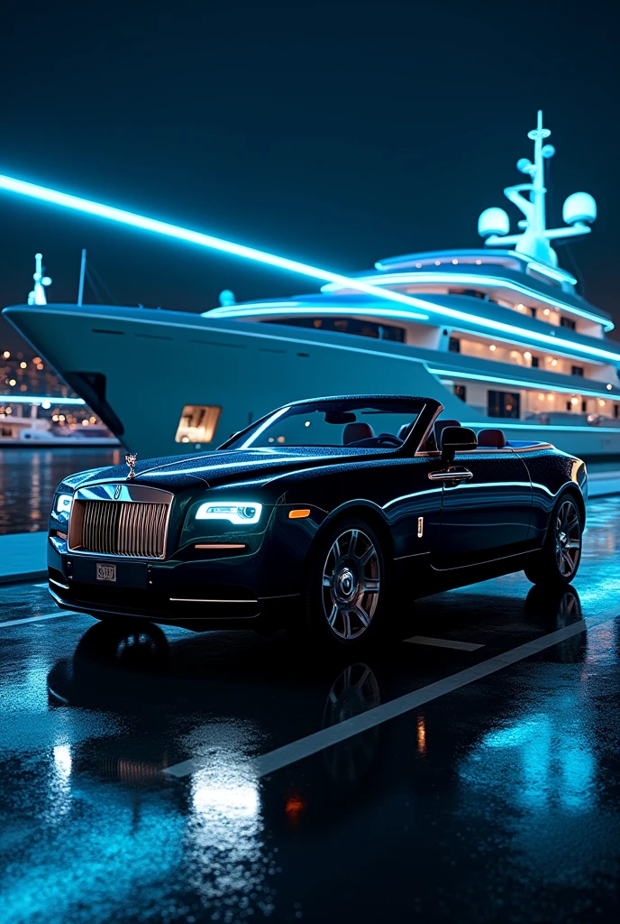 at night with high sky Rolls-Royce La Rose Noire Droptail parking in yat in the background, and blue neon lights