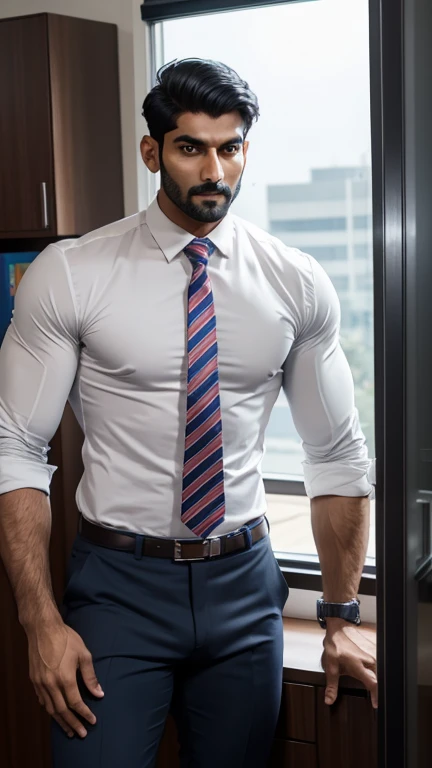 Indian tall muscular man, age 30, in office, strong bulge, seductive, hd, hdr, D750F nikon, realistic 