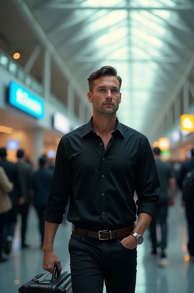 A man in airport with black shut