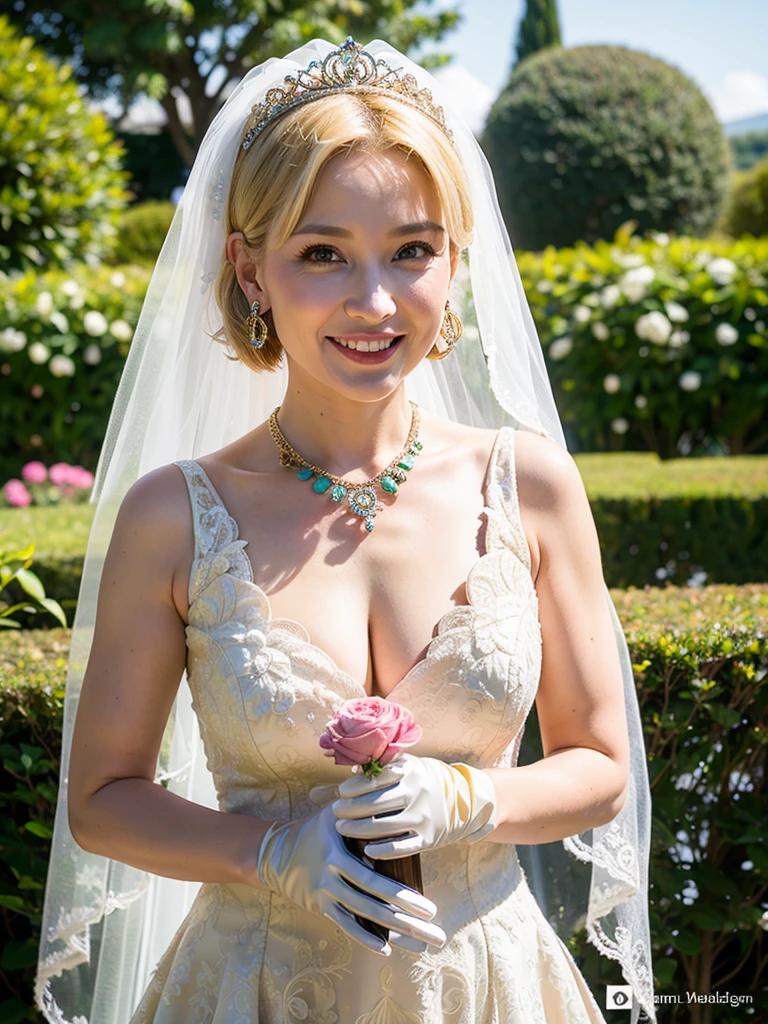 ((masterpiece)), ((best quality)), A middle-aged woman with short hair, ((She wears an ornate wedding dress)), She wears gloves on her hands., outside, She is in a garden. She wears a big necklace, She wears a veil.High resolution, masterpiece, anatomically correct, best quality, Multiple awards, super detailed, textured skin, uhd, retina, blonde hair, breasts, ear rings, smile, Make-up, Licking lips,