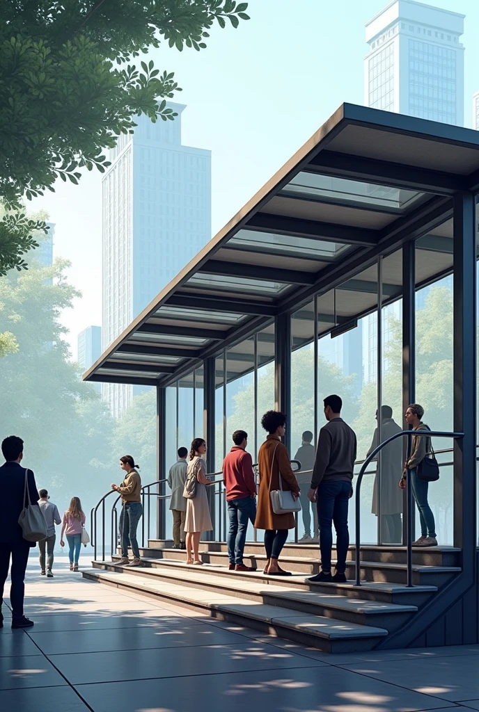 single-deck bus stop with steps, and horizontal bars to support your arms, super long