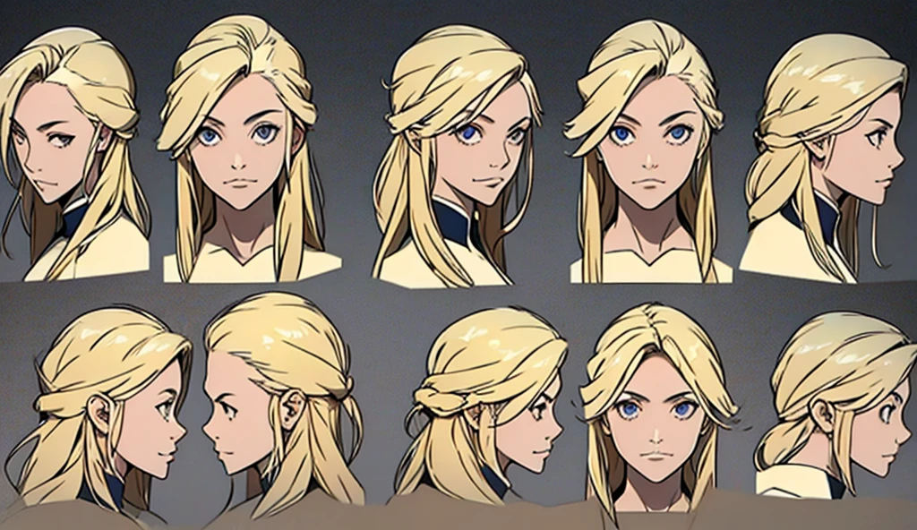 Charater sheet with 3 angle views (front, 3/4, side), a girl, blond hair, (masterpiece), best quality, expressive eyes, perfect face