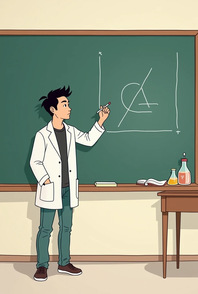 A young male Chinese chemistry teacher,Write on the blackboard,Created in stick figure style