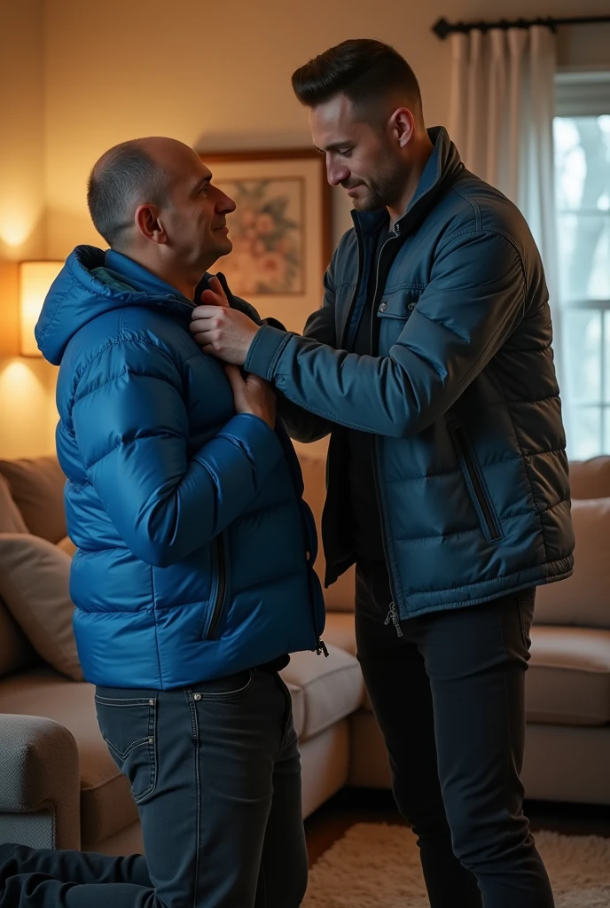 Create a hyper-realistic, high-resolution image showing two extremely handsome brightly lit living room. The wonderful and seductive uncle, aged 42, with short hair beginning to show signs of balding, is wearing dark pants and an open, *extremely shiny blue nylon puffer jacket* that exposes his slightly hairy chest and slightly prominent belly. He is kneeling on the floor, *wearing a collar around his neck*, being pulled by his gorgeous dominnering nephew, a 26 yo man with a naturally attractive physique, dressed in a fitted shirt and casual pants, stands next to his wonderful submissive uncle. (((The *nephew pulls the collar with a confident and authoritative expression*, while the uncle, *kneeling*, looks up with a submissive expression))). The living room is natural high iluminate, with normal, comfortable decor that enhances the realism of the scene. The image should capture every detail with precision, emphasizing the interaction and contrast of roles between the two men.