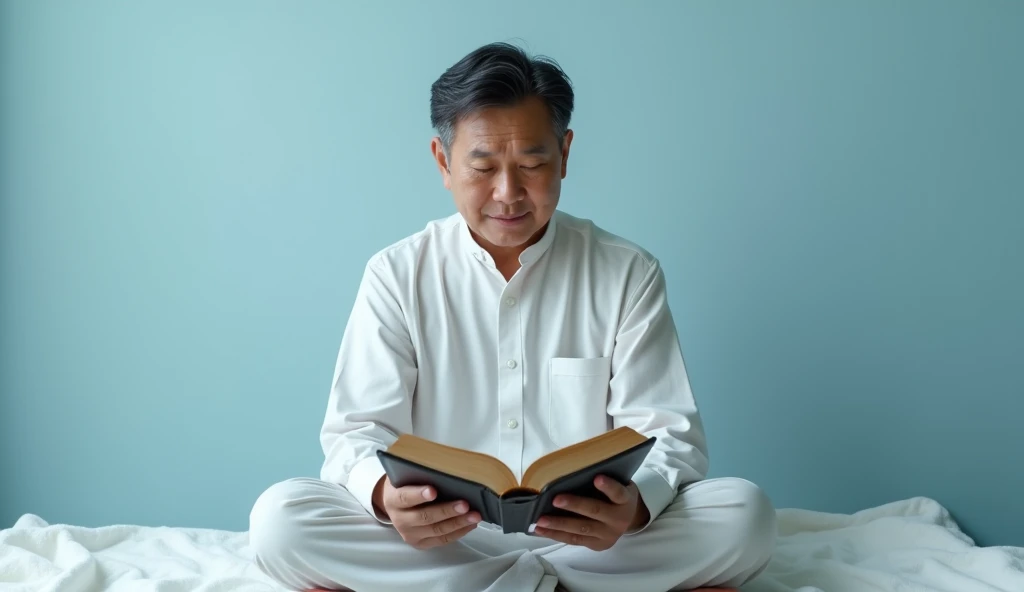 Give me a beautiful open Bible with a light blue background and an Asian man reading