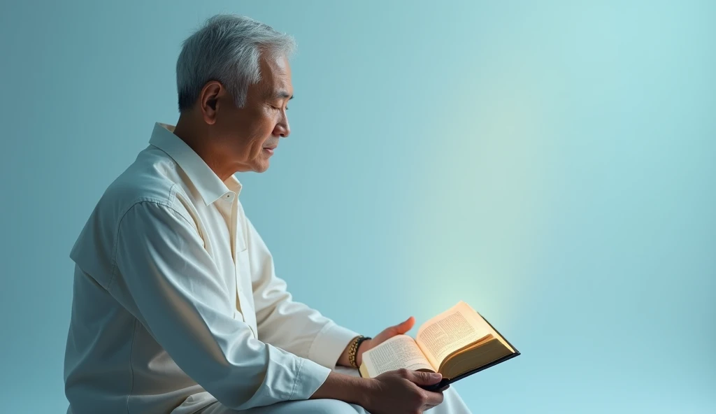 Give me a beautiful open Bible with a light blue background and an Asian man reading