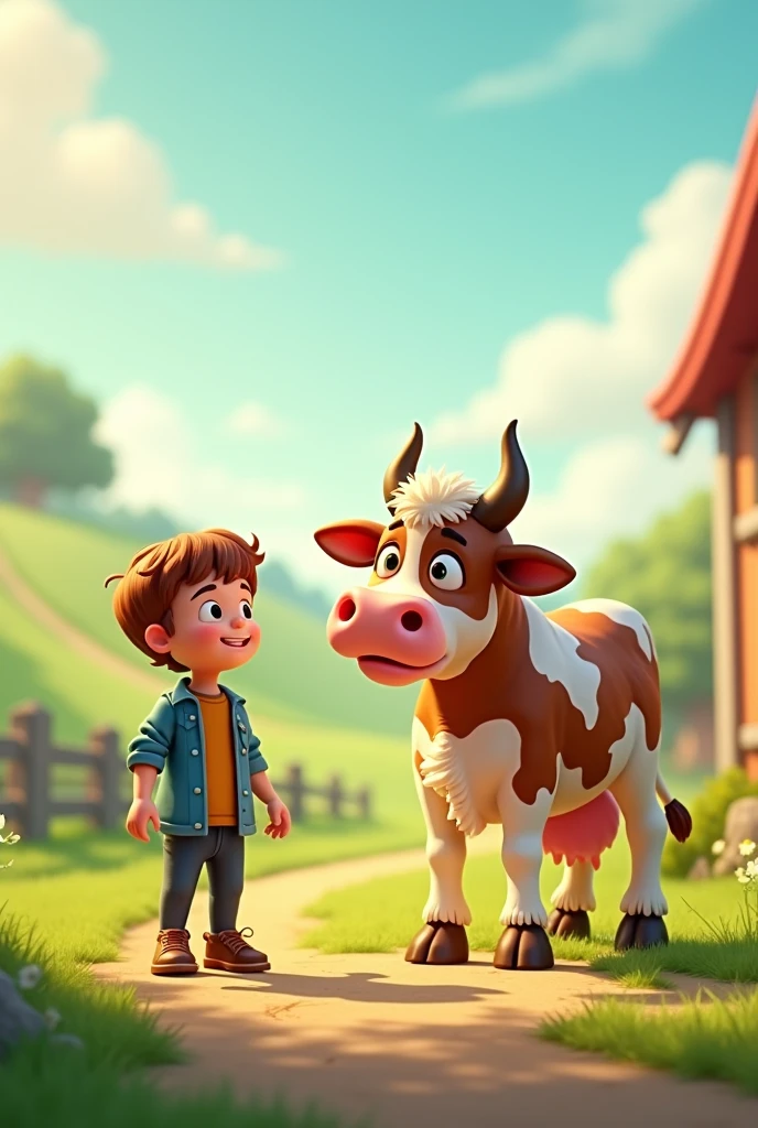 Funny cow with two horn and a man