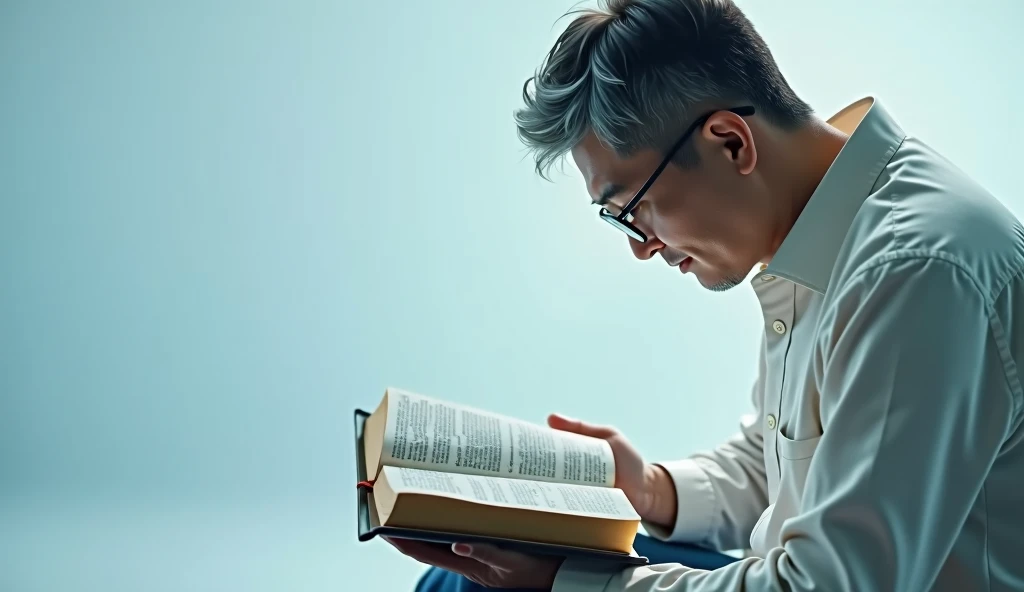 Give me a beautiful open Bible with a light blue background and an Asian man reading