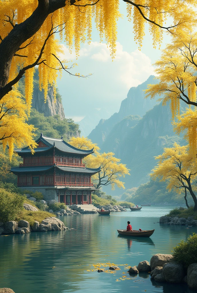 The school has golden shower trees in full bloom with yellow flowers. Near the riverside, there are fishing boats, a temple, and a large Buddha statue.