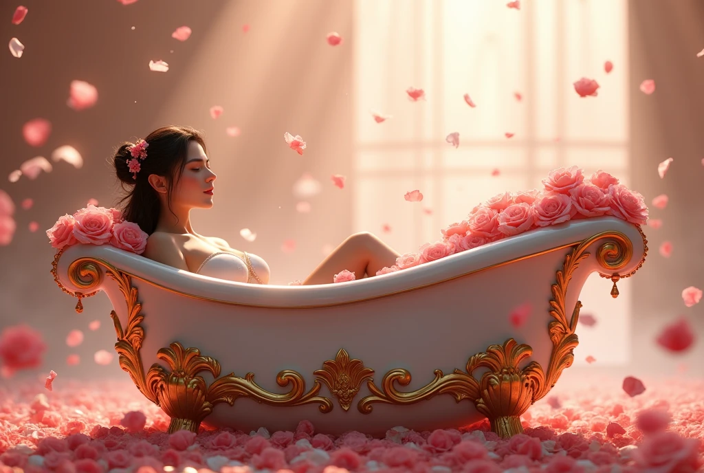 Ceramic bathtub, decorated with gold ornaments, floating rose petals, a moment of elegance and relaxation, ((masterpiece, Highest quality, Best image quality, High resolution, Realistic, RAW Photos, 8k)), ((Highly detailed CG synthesis 8k wallpaper)), (Huge and stunning goddess shot, Very hot and sexy, Incredible beauty, Perfect Proportions, Beautiful body, Slim body beauty:1.4), front view,