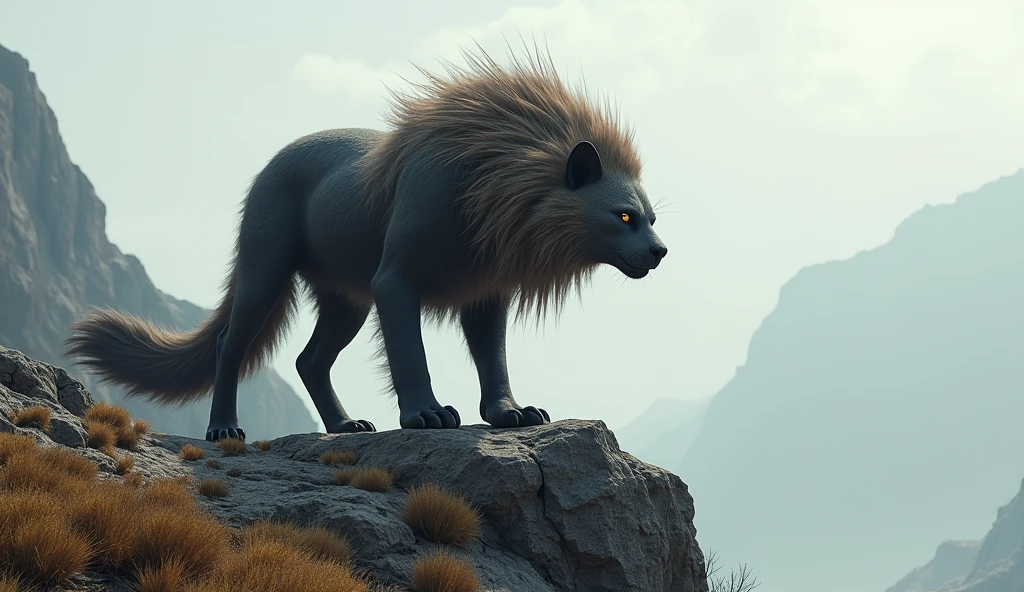 There is a wild beast on the bare mountain with no vegetation.，Like a civet cat，Very long hair on the head（best quality，4K，8k，High level，masterpiece：1.2），Ultra Detailed，（lifelike，Photo real，Photo real：1.37）