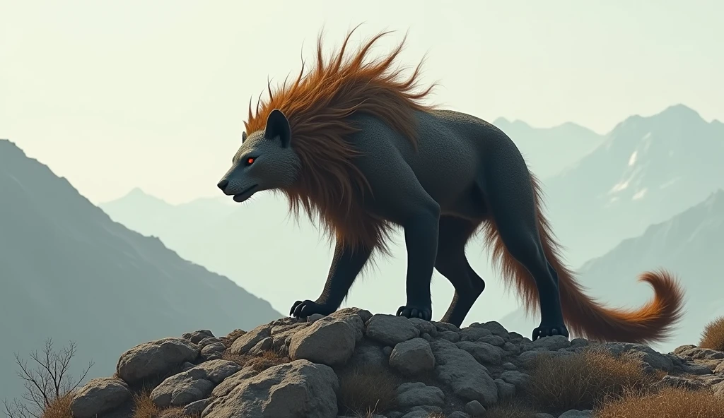 There is a wild beast on the bare mountain with no vegetation.，Like a civet cat，Very long hair on the head（best quality，4K，8k，High level，masterpiece：1.2），Ultra Detailed，（lifelike，Photo real，Photo real：1.37）