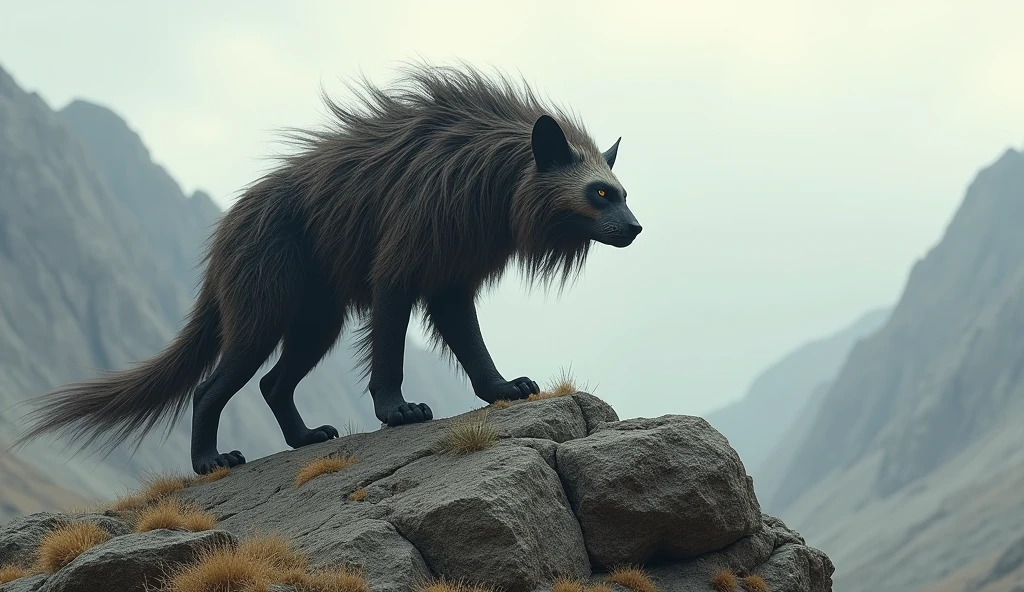 There is a wild beast on the bare mountain with no vegetation.,Like a civet cat,Very long hair on the head(best quality,4K,8k,High level,masterpiece:1.2),Ultra Detailed,(lifelike,Photo real,Photo real:1.37)