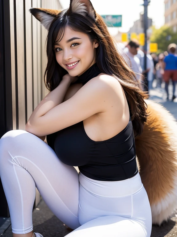((Highest quality, 8k)), ((masterpiece)), (Highest Resolution), Perfect Face, fox-eared woman, Female college student, Beautiful woman, Photographed in the city, Only one tail, she has thick thighs, Her big fox tail, Her brown fox tail, She wags her tail, Smiling with teeth showing, Fur collar, She is wearing white yoga pants, Plump Breasts, Beautiful Hips , Her fox tail sticks out