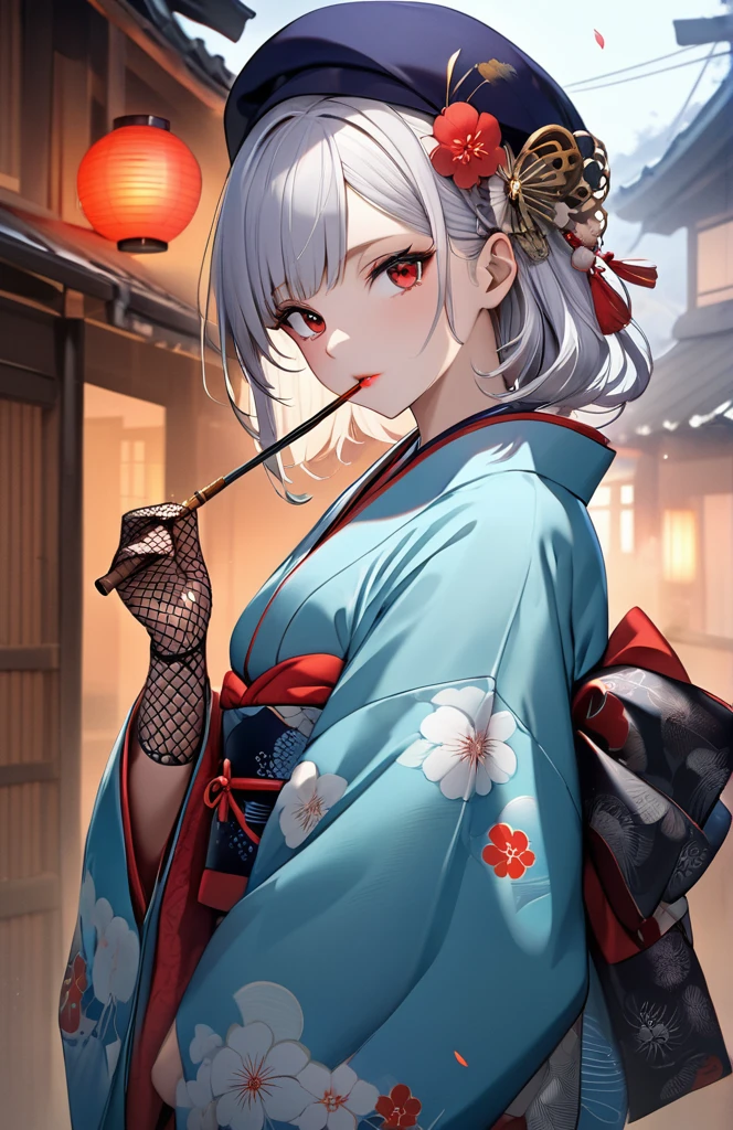 Ultra high resolution, rich colors, perfect image, top quality, detailed image, beautiful woman, glowing skin, skin and clothing texture, delicate eyes, Showa era town, Japanese clothes, kimono, long-sleeved kimono, haori, small toque, fishnet gloves, smoking pipe, long silver hair, red eyes