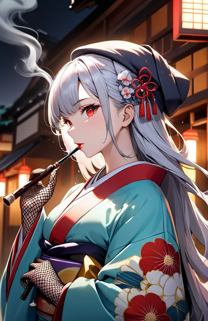 Ultra high resolution, rich colors, perfect image, top quality, detailed image, beautiful woman, glowing skin, skin and clothing texture, delicate eyes, Showa era town, Japanese clothes, kimono, long-sleeved kimono, haori, small toque, fishnet gloves, smoking pipe, long silver hair, red eyes