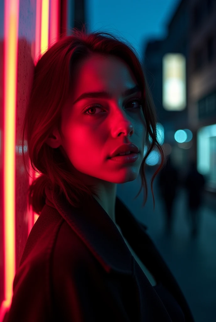 Cinematic portrait of a woman, her face half-illuminated by a dramatic splash of
neon light, contrasting with the dark urban night. Shot with Nikon Z 7II, 50mm f/1.2
lens, high ISO for capturing the neon vibrancy. An evocative image of city life, ultra
high-definition 8K quality