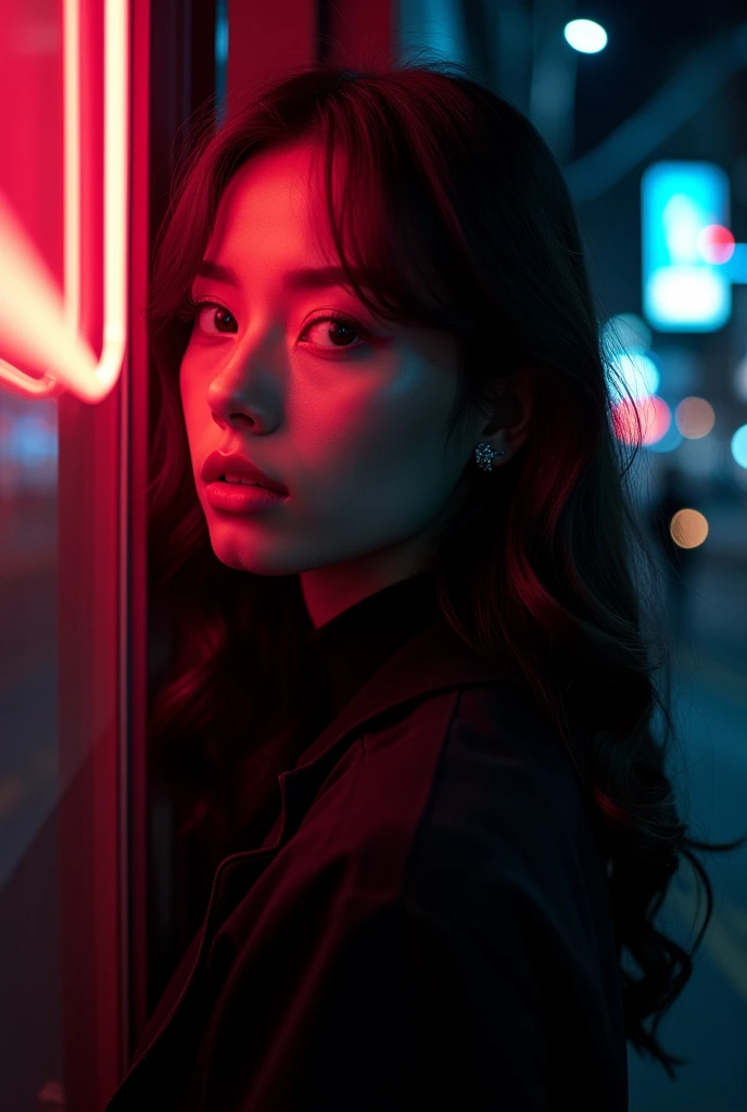 Cinematic portrait of a woman, her face half-illuminated by a dramatic splash of
neon light, contrasting with the dark urban night. Shot with Nikon Z 7II, 50mm f/1.2
lens, high ISO for capturing the neon vibrancy. An evocative image of city life, ultra
high-definition 8K quality
