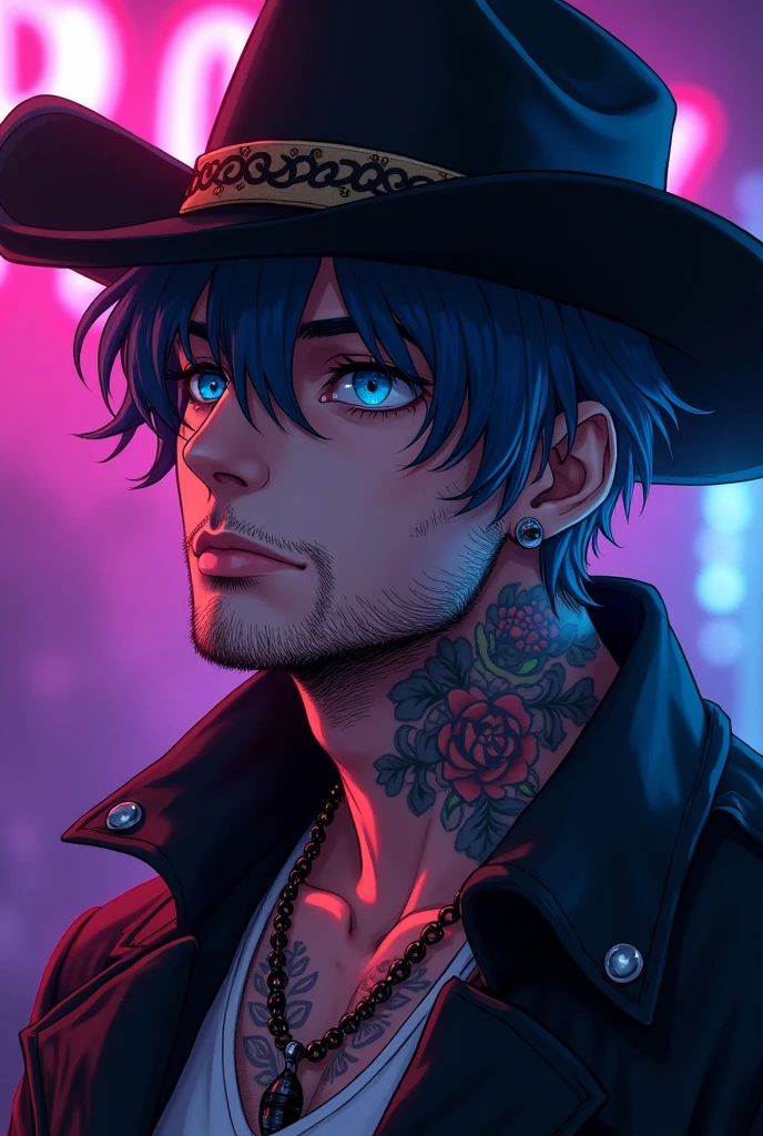 male, adult man, tattoo on neck, blue lazy eyes, smiling, stubble beard, cowboy, dark blue hair, black cowboy hat, black jacket, relaxed pose, anime, intricate details, hot colors, night club light, purple lighting