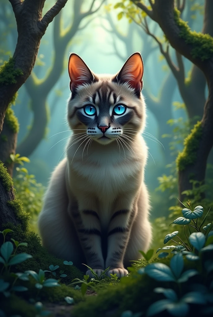 Please draw a blue-eyed cat in the woods.. Please draw with maximum realism., Like a photograph. background, Don't blur、Draw a vivid picture of a forest.
