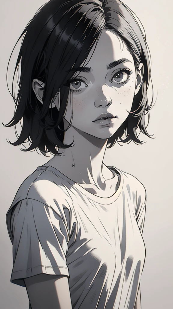 1 boyish girl, solo, sharp eyes, monochrome, greyscale, shoulder length black bangs hair, portrait, (blank white T-shirt), Thin eyebrows, closed mouth, looking at viewer, detailed lips, hatching \(texture\), without makeup, upper body, (best illustration), (best quality), (very detailed), (masterpiece), expressionless,