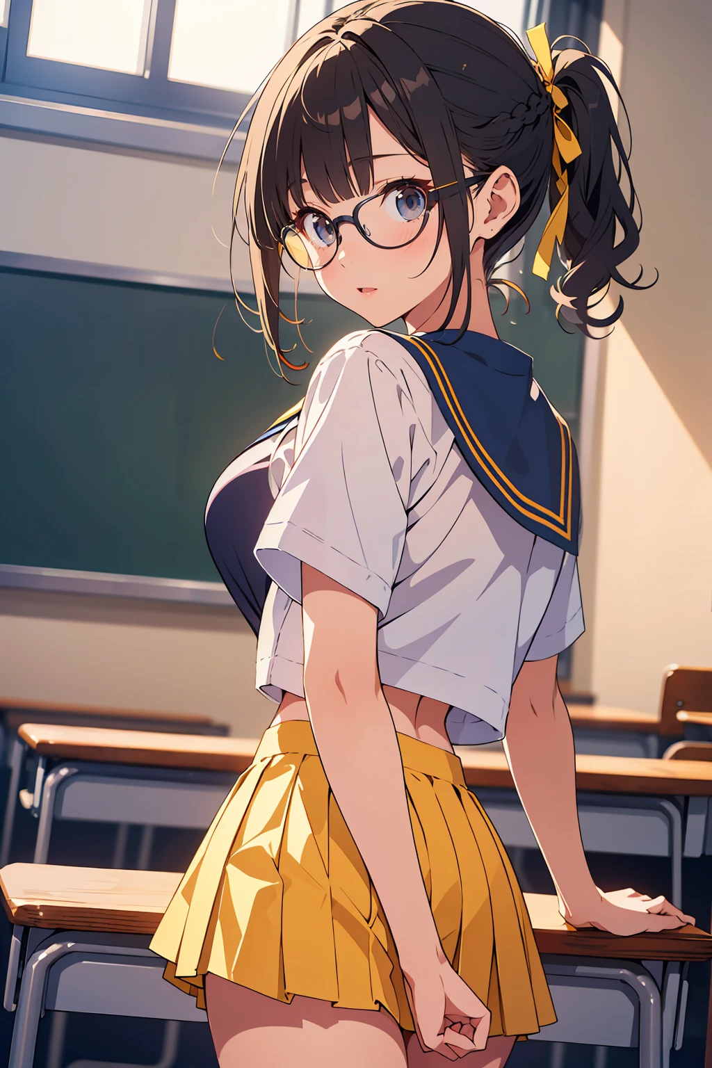 Backwards、Looking back、Beautiful buttocks、Beautiful thighs、独奏、Big Breasts、1人のhigh school girl、(Sailor suit summer jacket、Short sleeve shirt、Yellow ribbon、Navy blue micro mini skirt、Navy blue pleated skirt)、Slim Body、Standing beside a desk、(Black Hair、Low Pony、Braid、Glasses)、Bright classroom、high school girl、Girls' High School、School