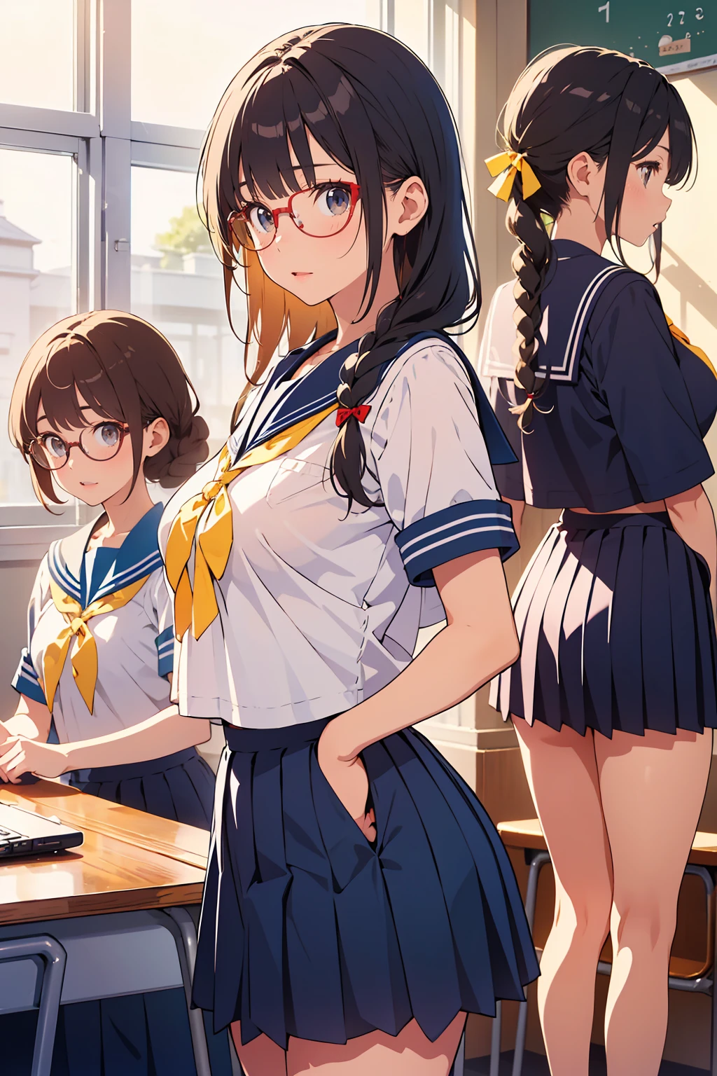 Backwards、Looking back、Beautiful buttocks、Beautiful thighs、独奏、Big Breasts、1人のhigh school girl、(Sailor suit summer jacket、Short sleeve shirt、Yellow ribbon、Navy blue micro mini skirt、Navy blue pleated skirt)、Slim Body、Standing beside a desk、(Black Hair、Low Pony、Braid、Glasses)、Bright classroom、high school girl、Girls&#39; High School、School