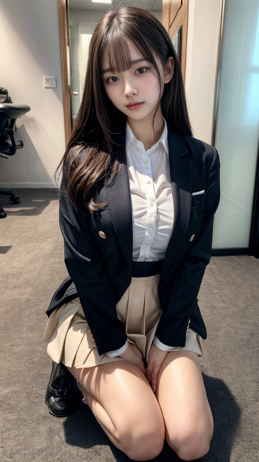 ((top-quality、8K、masterpiece:1.3))、1girl in、Beautiful woman kneeling in the room:1.3、long-haired、Colossal tits、Don't expose it,Protruding big, (Office Lady, ,Suit, Black Suit,Black jacket, white shirt:1.5, tight skirt)、Super delicate face、Delicat eyes、double eyelid、beautiful thick legs, perfect body shape, kneeling