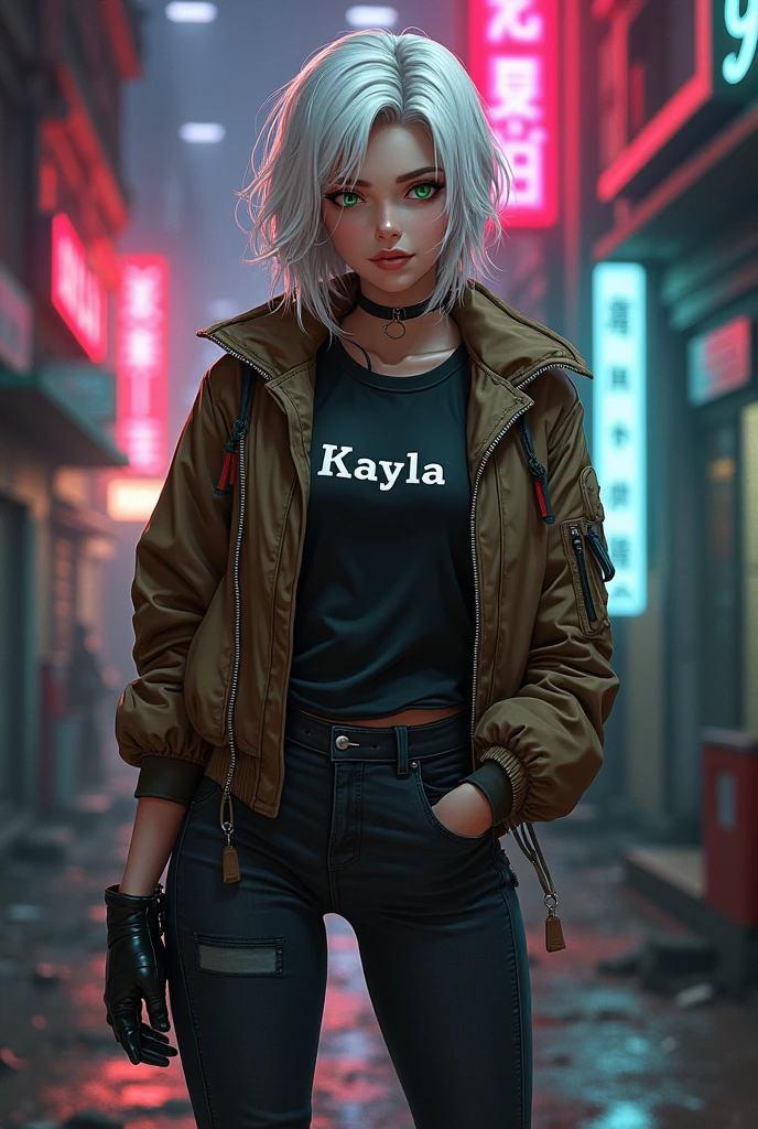 Boy, Kizi, pele caucasiana, 20 year, White hair, wearing black jeans, wearing black boots, White T-shirt and her name 'KAYLA' has written on that, with brown aviator jacket, greeneyes,curved body, cocked ass, boy, cyberpunk atmosphere, Raby, アニメ, .Smile,Blonde Hair,