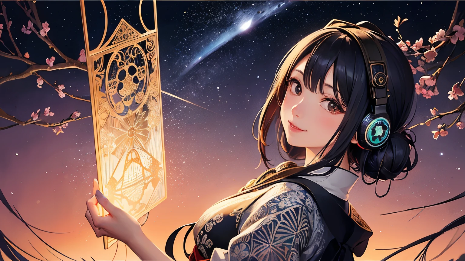 high resolution, (Ultra detailed backgrounds, detailed background), highly detailed, 1girl in, Pale tones, (Zentangle:1.3), (Geometry:1.42), (Symmetrical background:1.4), (Japan woman at 20 years old), (Eight-headed body), florals, cherry trees, Smiling, from below, Back lighting, Backlighting of natural light, Less exposure, A dark-haired, hakama, ((headphones)), ((background: night, starry sky)), ((ukiyo-e style)), ((smile)), ((1 girl)), ((bust up)),