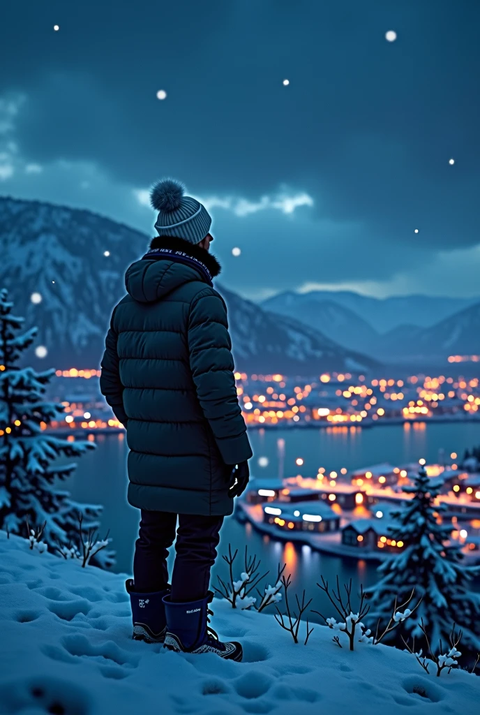 Man looking down on tromso city at night in snowy weather