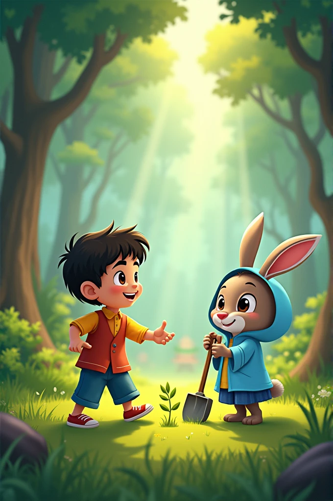 Not long since, This is a small village，那里Live一个活泼的男孩, राजू, Live。Raju非常喜欢冒险故事。one day, He heard that there was a treasure hidden in an ancient forest near the village.。

Raju叫了他的朋友们, Chitu and Pitu, The three of them started to head towards the forest。Walking in the forest，They encountered many strange animals., Such as talking rabbits and dancing monkeys。

They asked these animals for help, Together they found a map to an ancient treasure。at last, They found the treasure, It is filled with gold and precious gems。Raju, Chitu and Pitu ने फैसला किया कि वे इस खज़ाने का इस्तेमाल गाँव की मदद के लिए करेंगे, Did the same。

Everyone started living happily, 以及Raju的友谊和勇气
Forest, grassy field, anthropomorphic  wearing blue overalls, pink ears, big eyes, holding a small shovel, standing beside a young sapling, warm sunlight, bright atmosphere