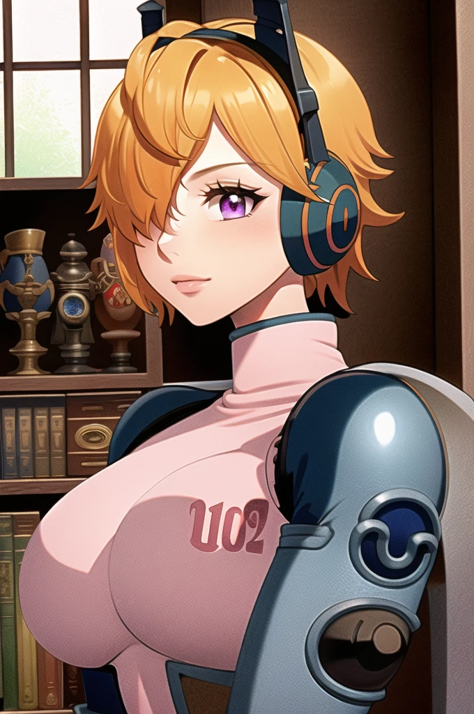 masterpiece, ((ultra detailed background, delicate pattern, intricate detail)), (highly detailed, fine details), best quality, beautiful lighting, ((medium breasts, slim girl)), 1girl, Lilith, (bangs covering one eye), ((light orange hair)), headphones, purple eyes, dark-blue jacket, ((pink bodysuit, full-body suit)), complex detailed background, inside, castle room environment, medieval castle, gray walls, window, bookshelf, (close-up, portrait),  