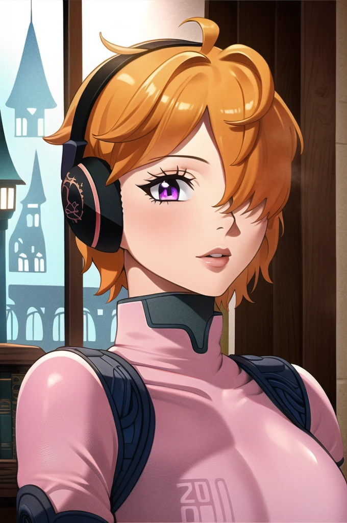 masterpiece, ((ultra detailed background, delicate pattern, intricate detail)), (highly detailed, fine details), best quality, beautiful lighting, ((medium breasts, slim girl)), 1girl, Lilith, (bangs covering one eye), ((light orange hair)), headphones, purple eyes, dark-blue jacket, ((pink bodysuit, full-body suit)), complex detailed background, inside, castle room environment, medieval castle, gray walls, window, bookshelf, (close-up, portrait),  