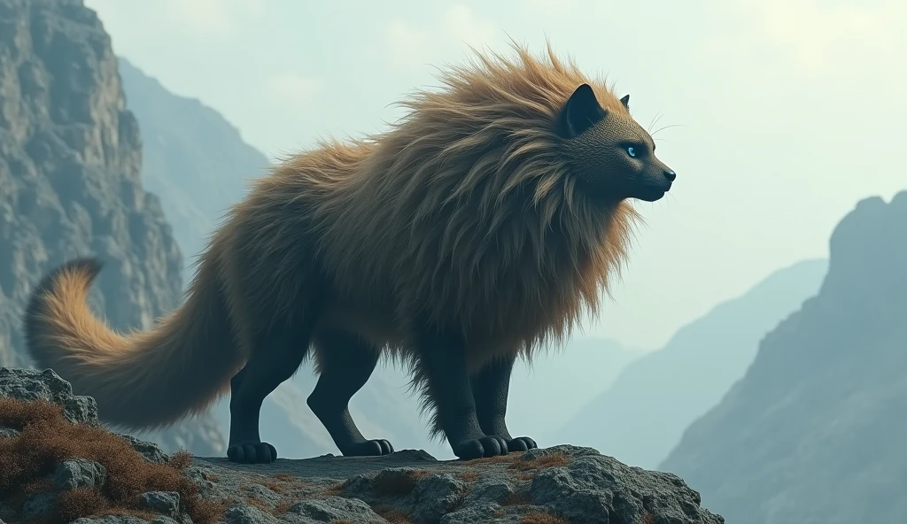 On the bare mountain without any plants, there is a beast that looks like a civet cat.,Long, long hair on the head(best quality,4K,8k,High level,masterpiece:1.2),Ultra Detailed,(lifelike,Photo real,Photo real:1.37)