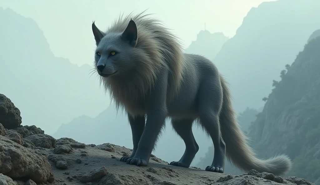 On the bare mountain without any plants, there is a beast that looks like a civet cat.,Long, long hair on the head(best quality,4K,8k,High level,masterpiece:1.2),Ultra Detailed,(lifelike,Photo real,Photo real:1.37)