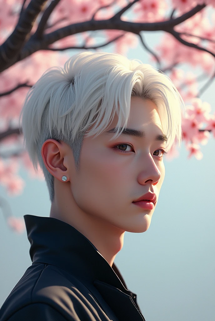 young man(Korea)white hair, Two blocks of haircut, perfect face, 8k quality, Ridiculous details and texture qualities,Under the cherry tree,