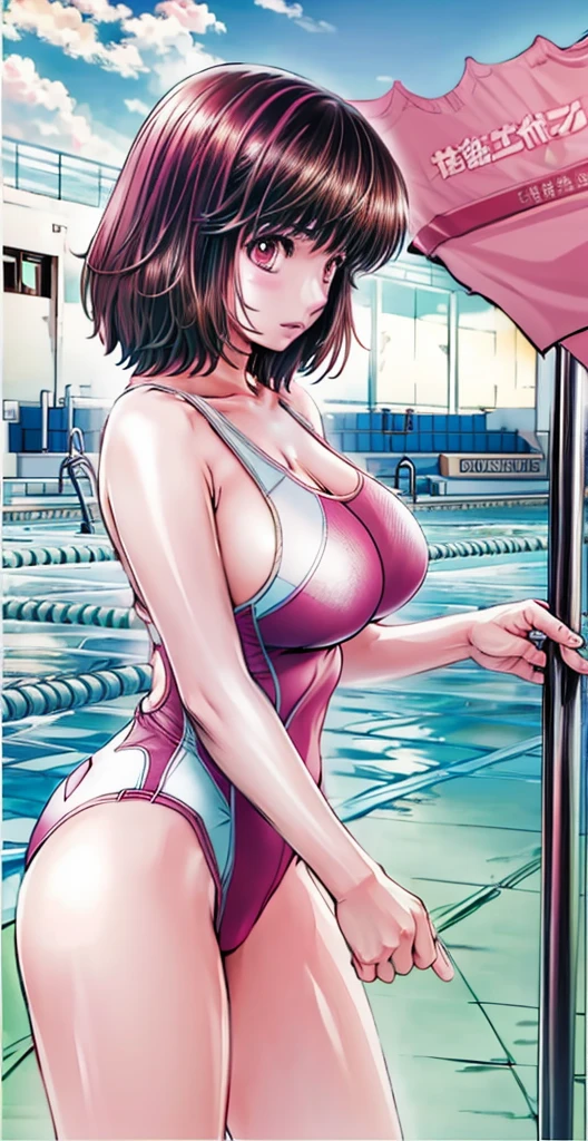 A beautiful woman with short hair, big breasts, and beautiful legs is blushing and standing by the pool with her legs spread apart in a bright pink high-cut competitive swimsuit with the arena logo and lettering on the upper part of her chest.。