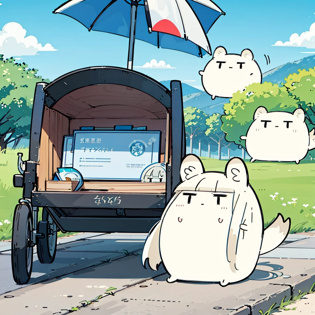 Cute mascot characters、character、A deformed dog facing a strong wind、An illustration、