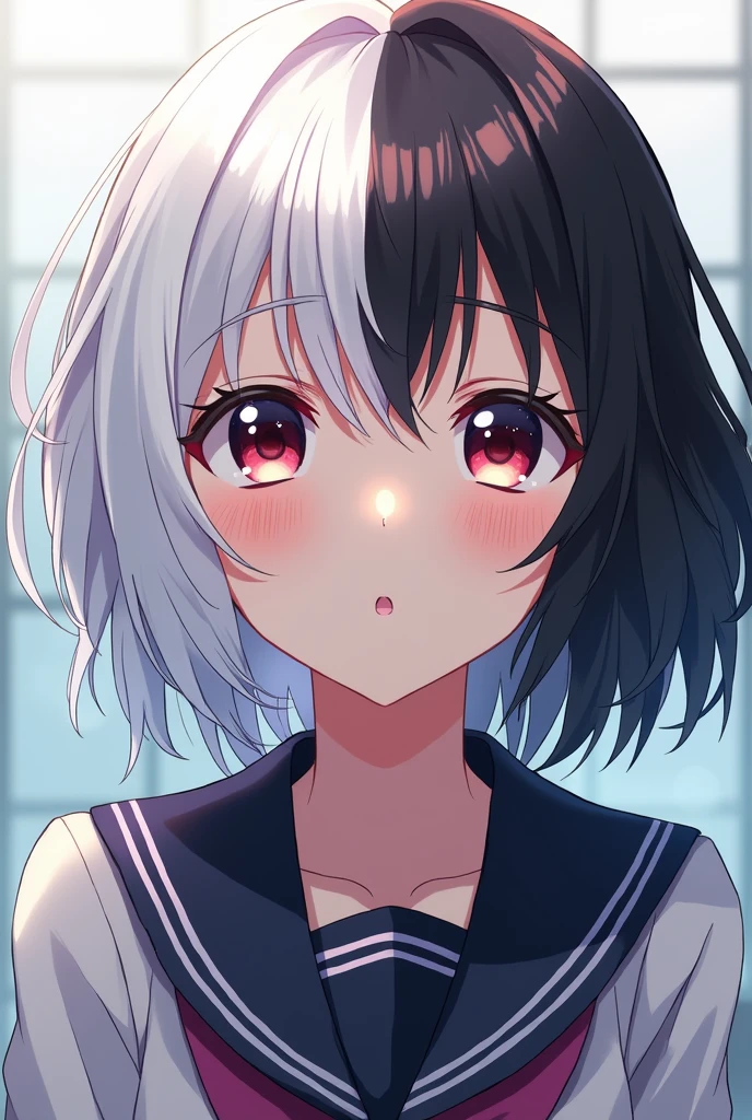 An anime girl with white and nlack hair in school drees with sharp eyes