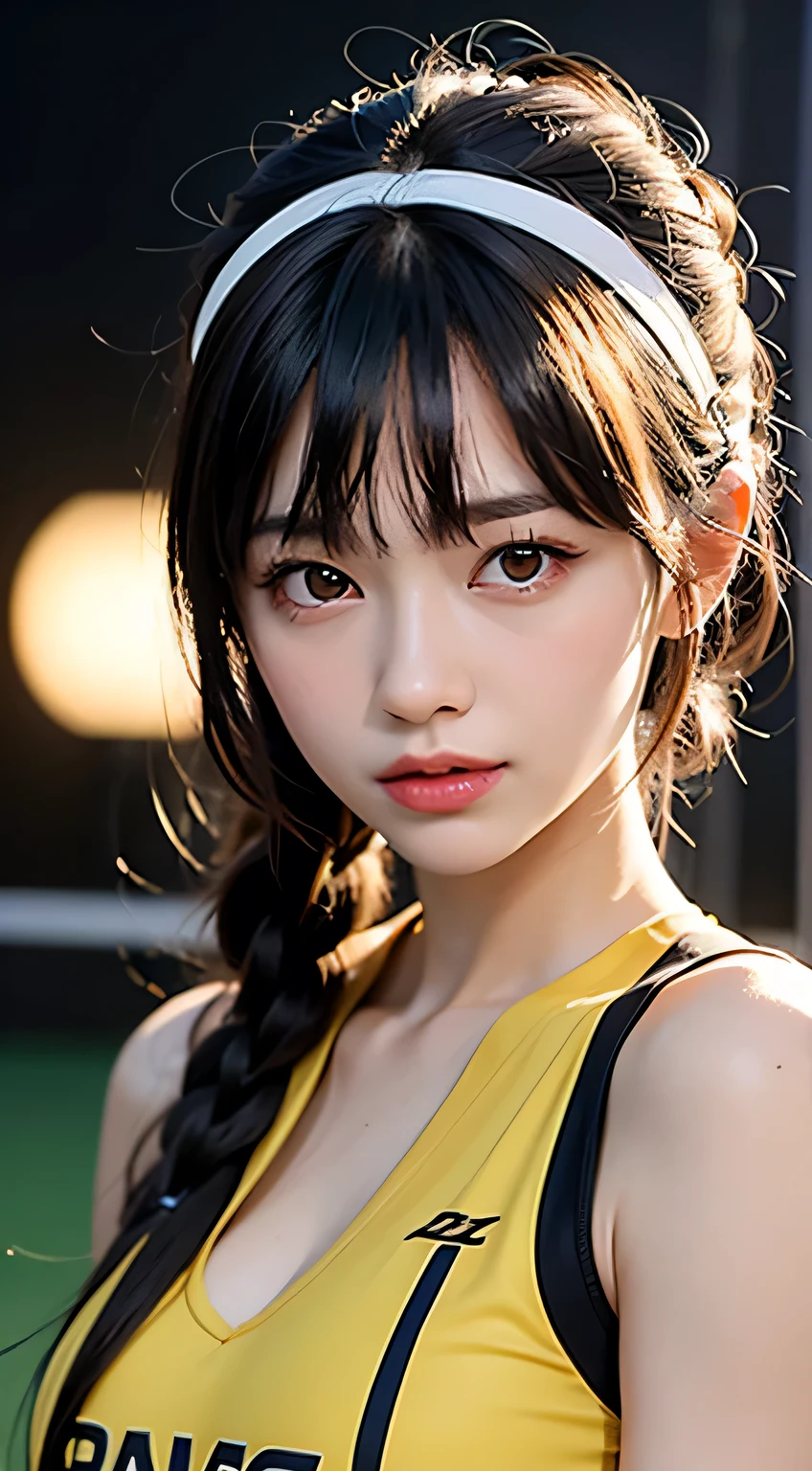 (mastepiece, Best Quality:1.4), Beautiful face, 8K, 85 mm, absurderes, The upper part of the body, cleavage of the breast、Facing the camera、Delicate girl, Solo, Night, Looking at Viewer, Upper body, Film grain, chromatic abberation, Sharp Focus, face lights, Professional Lighting, Sophisticated, (Smile:0.4), (Simple background, Bokeh background:1.2), Detail Face,Volleyball match background,Volleyball Uniforms