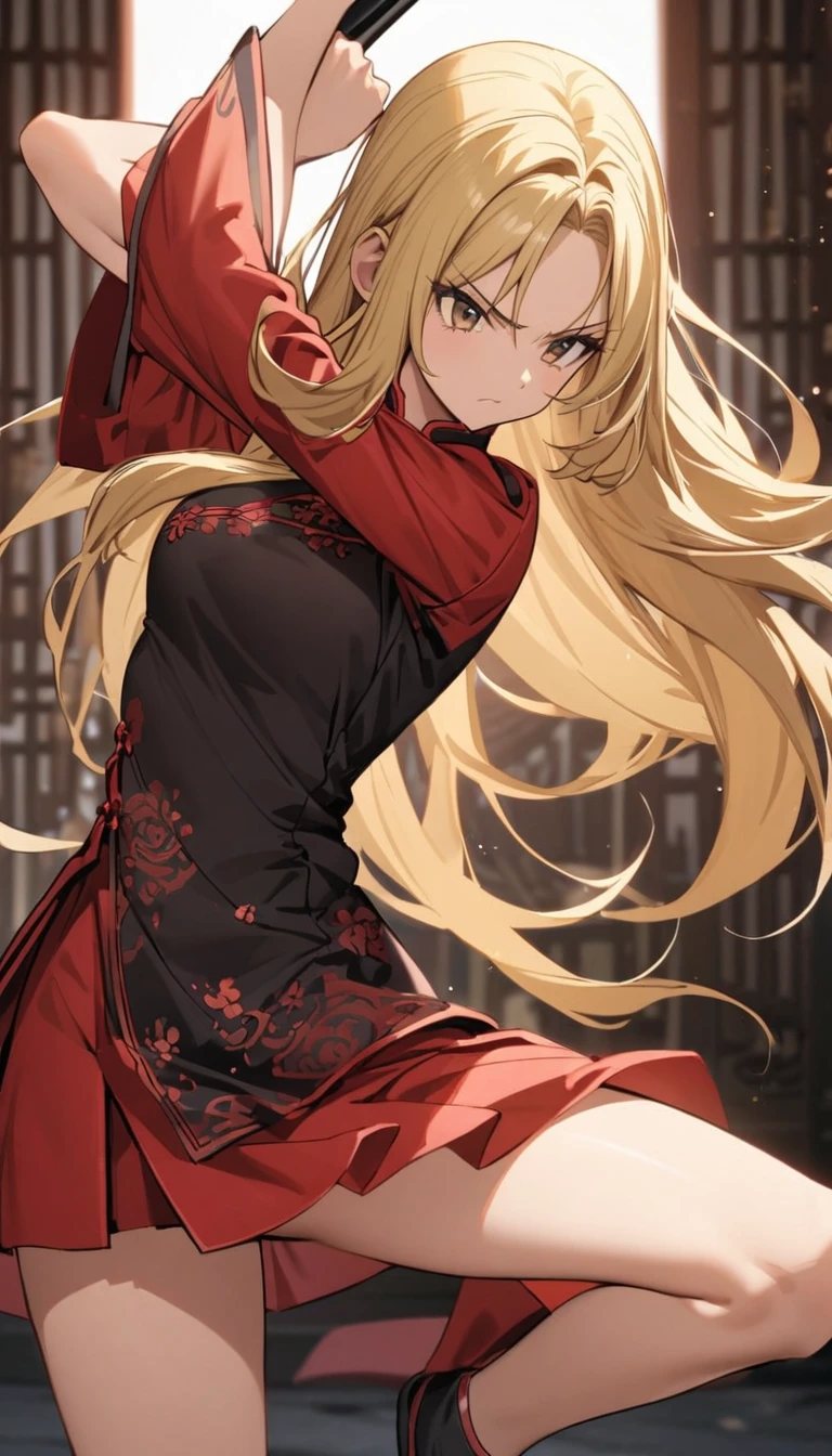 Red miniskirt Chinese dress、Black embroidery、Blonde girl、Kempo stance、One leg raised、Long Hair
