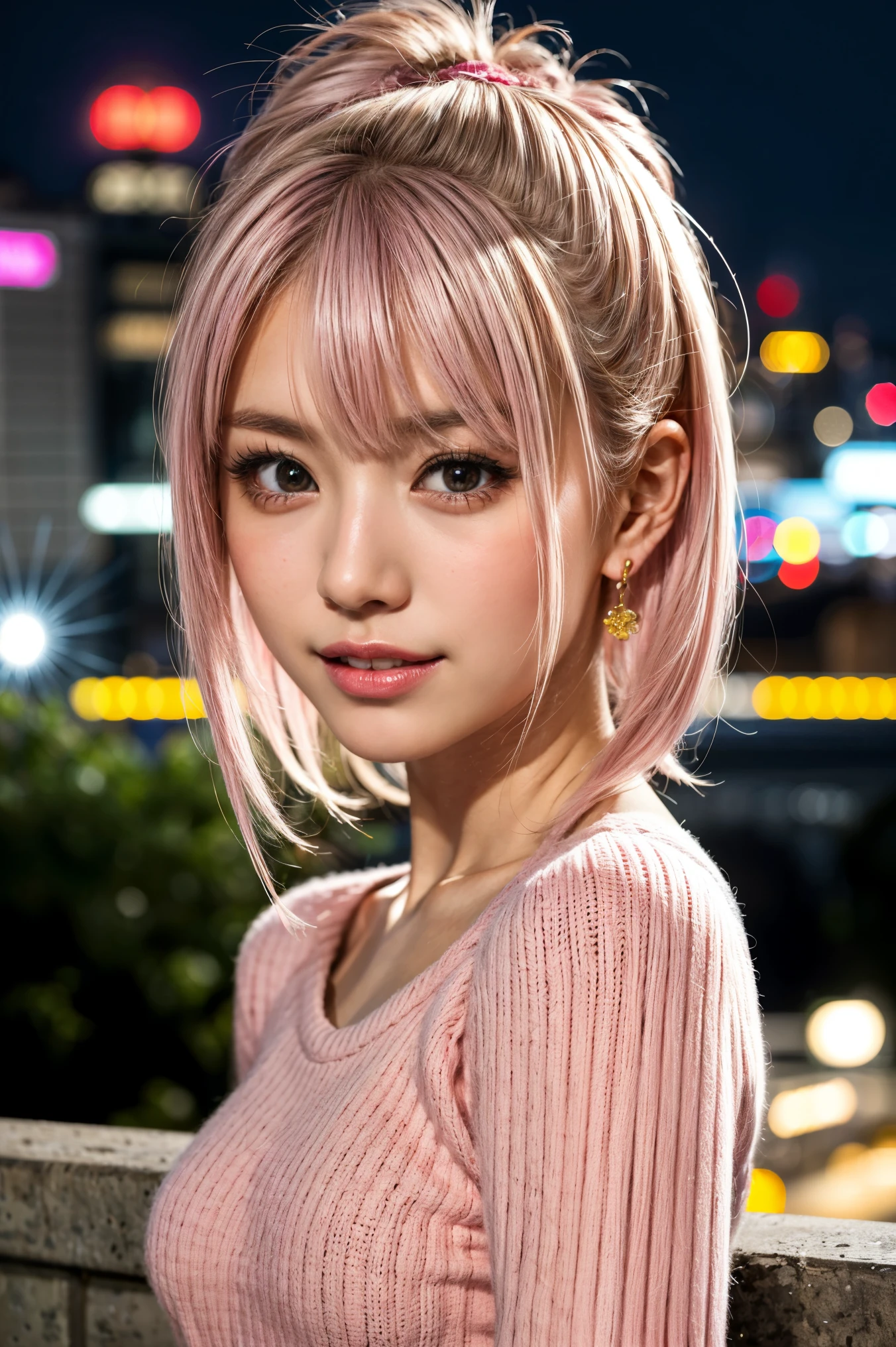 Highest quality, Tabletop, Ultra-high resolution, (Realistic:1.4), (Japanese Idols),RAW Photos, One Girl, night,Detailed skin,Blurred cityscape of South Korea,,Blonde, (Pink inner hair:1.3),Glossy Lips,smile,(Model pose:1.2),2,Beautiful and beautiful eyes,Diamond jewellery,Earrings,Gold Jewelry,Cold Light,Tight black knitwear,,(Strengthened upper arms:1.2),A well-trained body,Pixie Hair