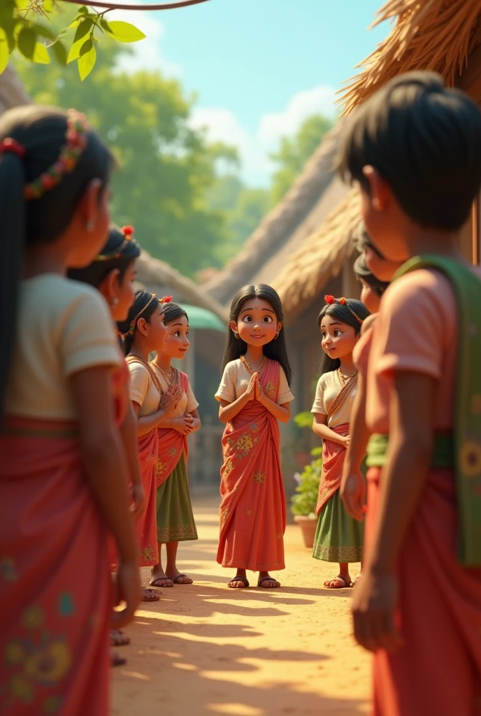 Need 3d animation style for .Villagers gathering around Mannu, showing their gratitude as she humbly accepts their praise