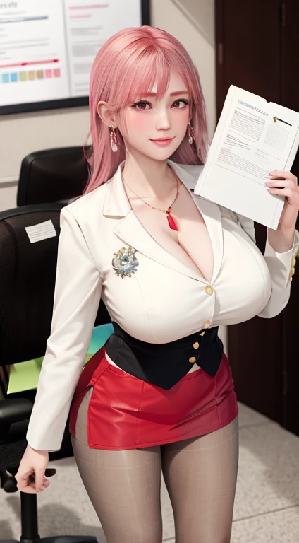 Honoka, Secretary,Pink Hair,cleveage,big breasts, white blazer, beige Pantyhose,Lovely,necklace,earrings,Red lips,Shy, secretary, Holding a folder,office, red pencil skirt