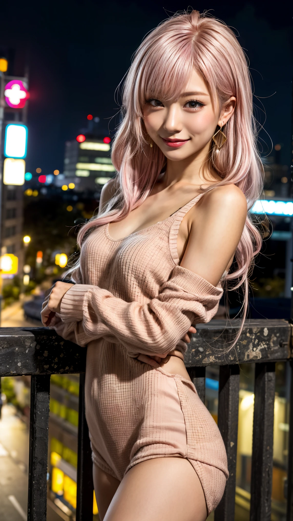 Highest quality, Tabletop, Ultra-high resolution, (Realistic:1.4), (Japanese Idols),RAW Photos, One Girl, night,Detailed skin,Blurred cityscape of South Korea,,Blonde, (Pink inner hair:1.3),Glossy Lips,smile,(Model pose:1.2),2,Beautiful and beautiful eyes,Diamond jewellery,Earrings,Gold Jewelry,Cold Light,Tight black knitwear,,(Strengthened upper arms:1.2),A well-trained body,Pixie Hair