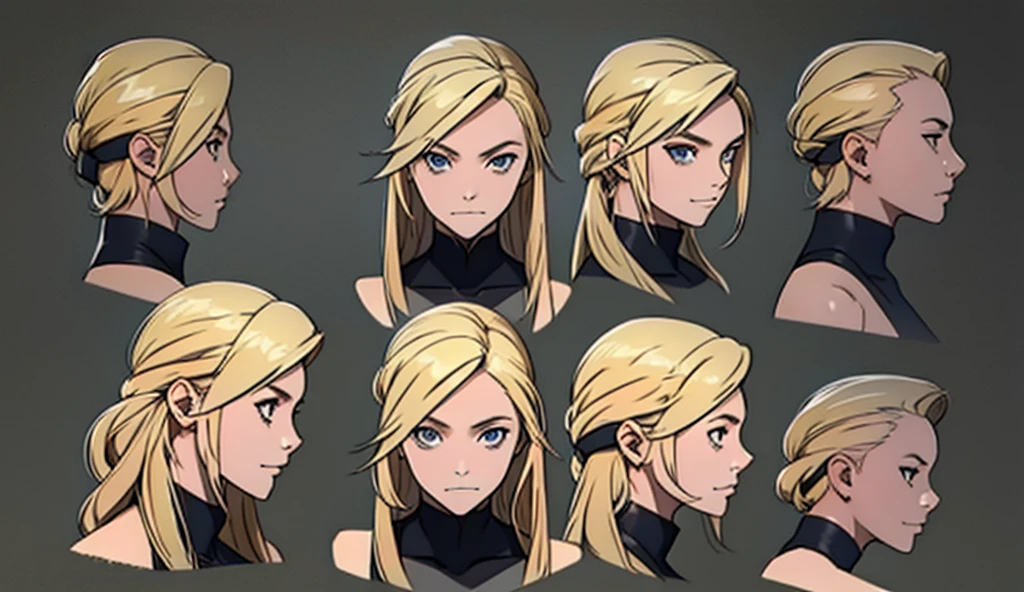 Charater sheet with 3 angle views (front, 3/4, side), a girl, blond hair, (masterpiece), best quality, expressive eyes, perfect face