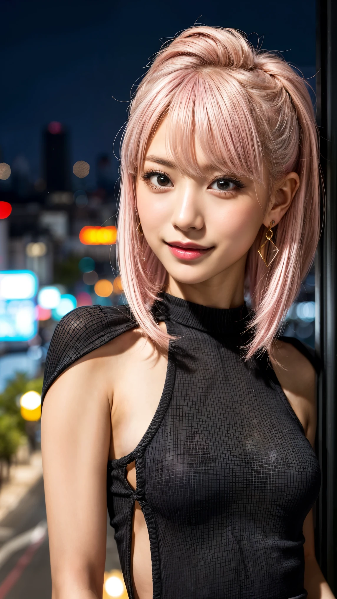 Highest quality, Tabletop, Ultra-high resolution, (Realistic:1.4), (Japanese Idols),RAW Photos, One Girl, night,Detailed skin,Blurred cityscape of South Korea,,Blonde, (Pink inner hair:1.3),Glossy Lips,smile,(Model pose:1.2),2,Beautiful and beautiful eyes,Diamond jewellery,Earrings,Gold Jewelry,Cold Light,Tight black knitwear,,(Strengthened upper arms:1.2),A well-trained body,Pixie Hair