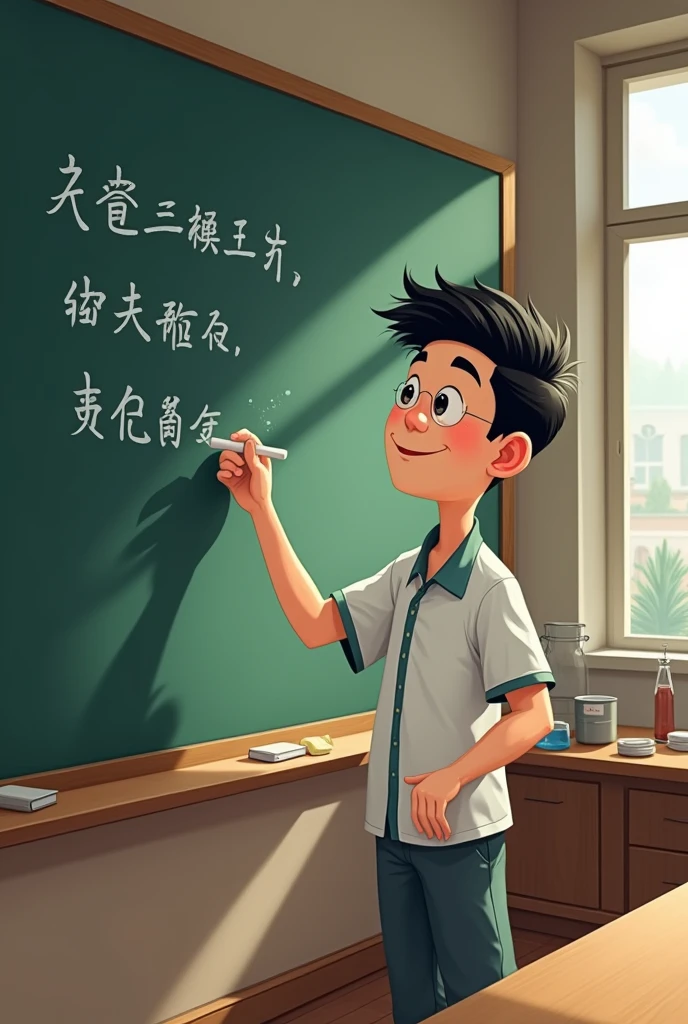 A young male Chinese chemistry teacher,Wearing short sleeves,Write on the blackboard,Created in stick figure style
