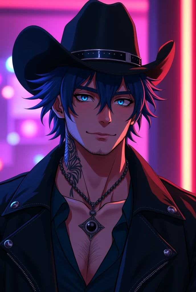 male, adult man, tattoo on neck, blue eyes, small eyes, smiling, stubble beard, cowboy, dark blue hair, black cowboy hat, black jacket, relaxed pose, anime, intricate details, hot colors, night club light, purple lighting